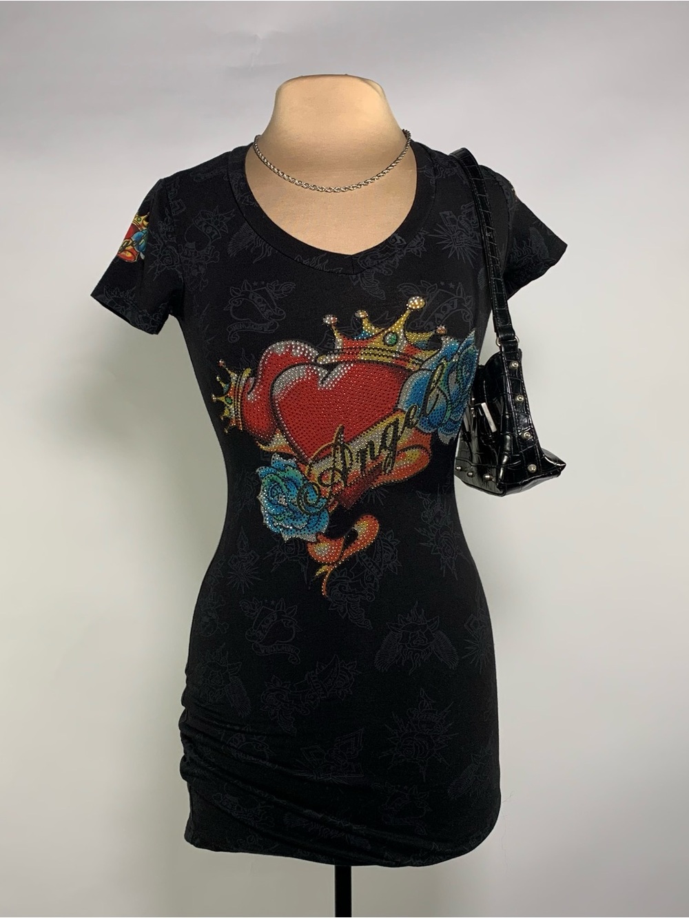 2000s LA Culture Rhinestone Tattoo Graphic Mini Dress Ed Hardy Style